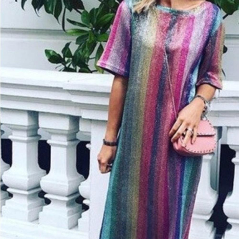 Zara Metallic Rainbow Stripe Maxi Dress - Pink, Blue, Green